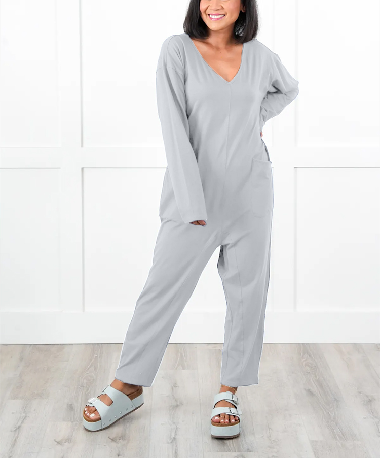 Solid Long Sleeve V Neck Jumpsuit With Patch Pockets (Multiple Colors)