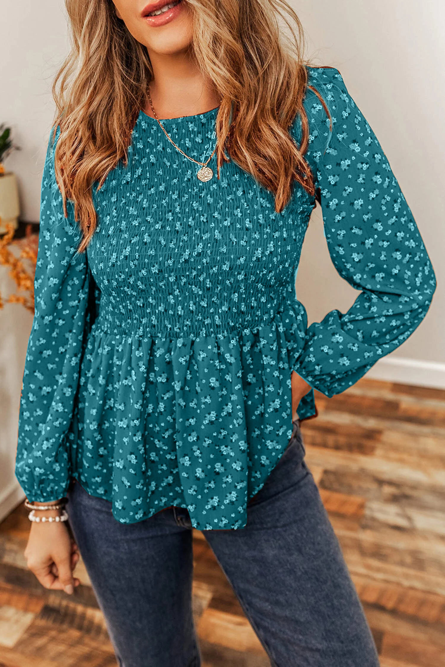 Ditsy Floral Print Boho Smocked Ruffled Peplum Blouse(Buy 2 Free Shipping)