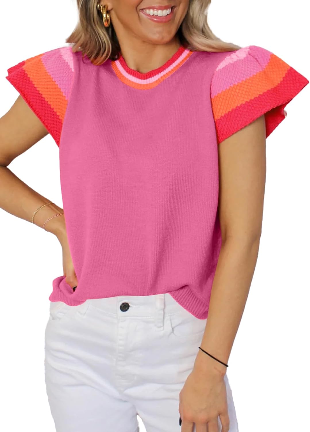Women’s Casual Knit Pullover with Colorful Cap Sleeves(buy 2 free shipping!!!)