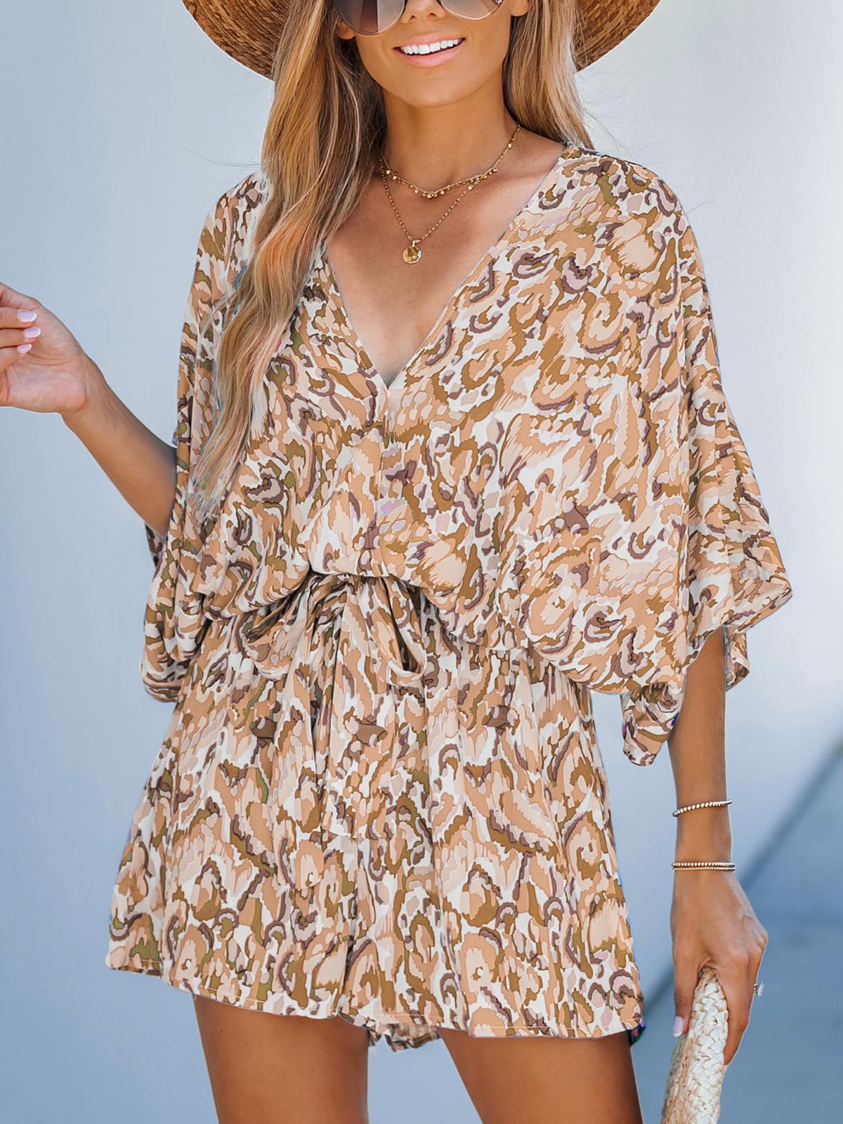 Women's Lace Up Print Romper Short Sleeves Jumpsuits Wide leg Outfit (buy 2 free shipping!!!)