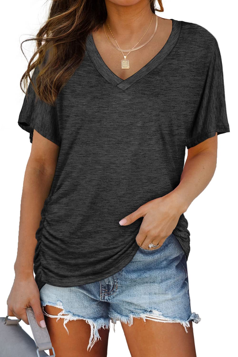 Women’s Short Sleeve V-Neck Dolman Top with Side Shirring (buy 3 free shipping!!!)