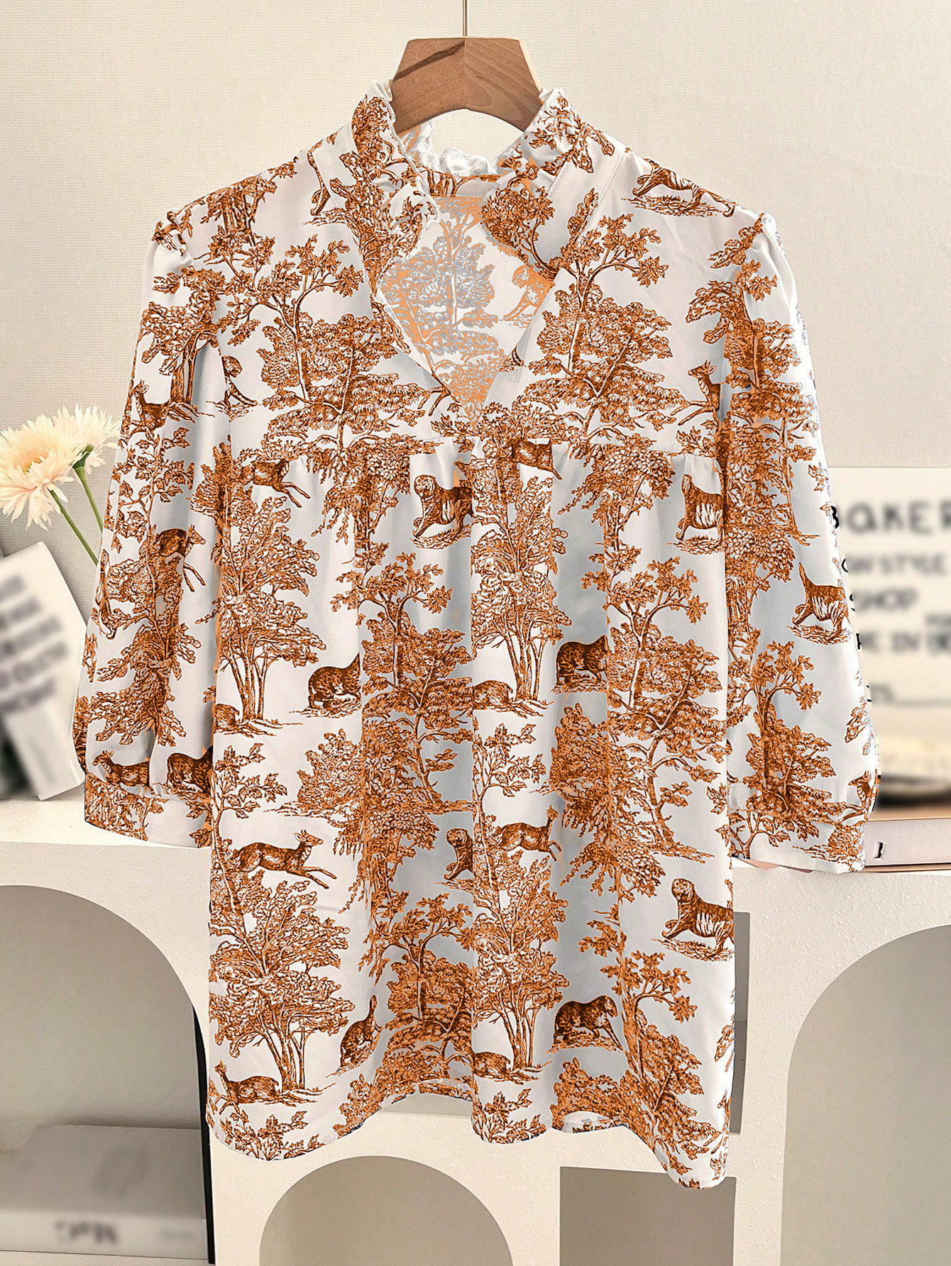 HOT SALE Vacation Plant Animal Blue And White Porcelain Pattern Short-Sleeved V-Neck Printed Shirt