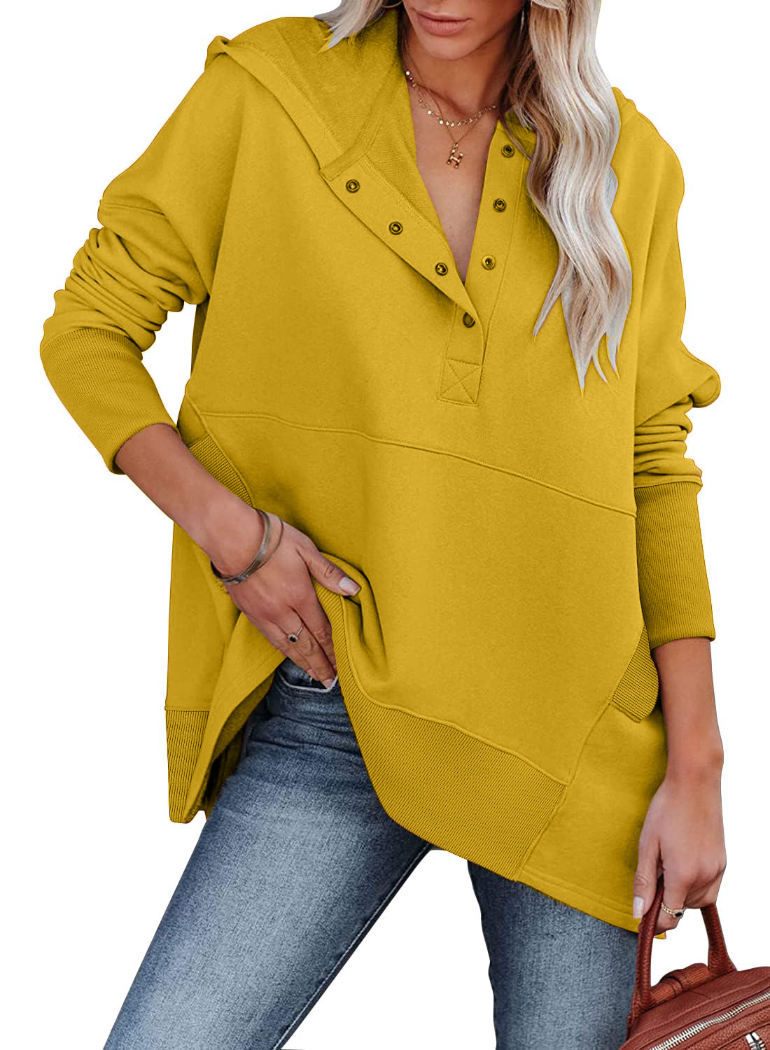 Women's Oversized Button Collar Long Sleeve Sweatshirt With Pocket (BUY 2 10% OFF)