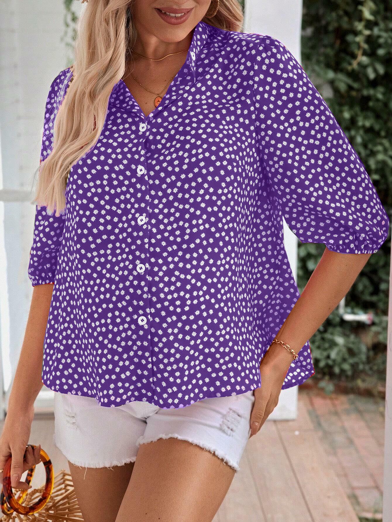 Women's Floral Print Half Sleeve Button Down Shirt Blouse (BUY 2 FREE SHIPPING)