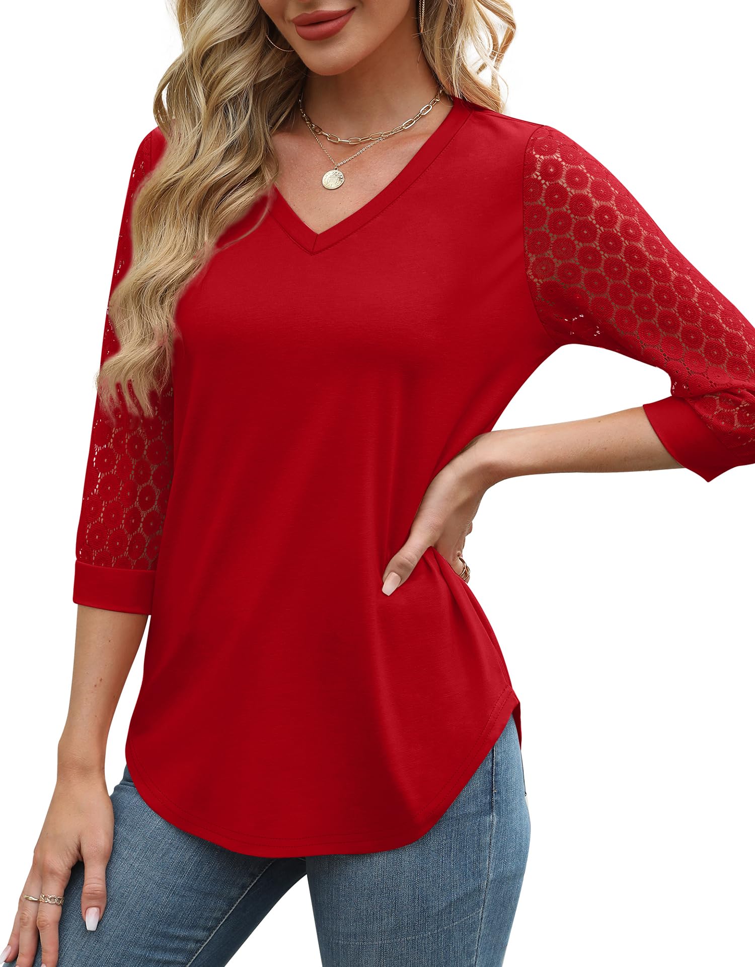 3/4 Length Sleeve Womens Tops V-Neck Lace Tunic Tops Business Casual Blouses (BUY 3 FREE SHIPPING)