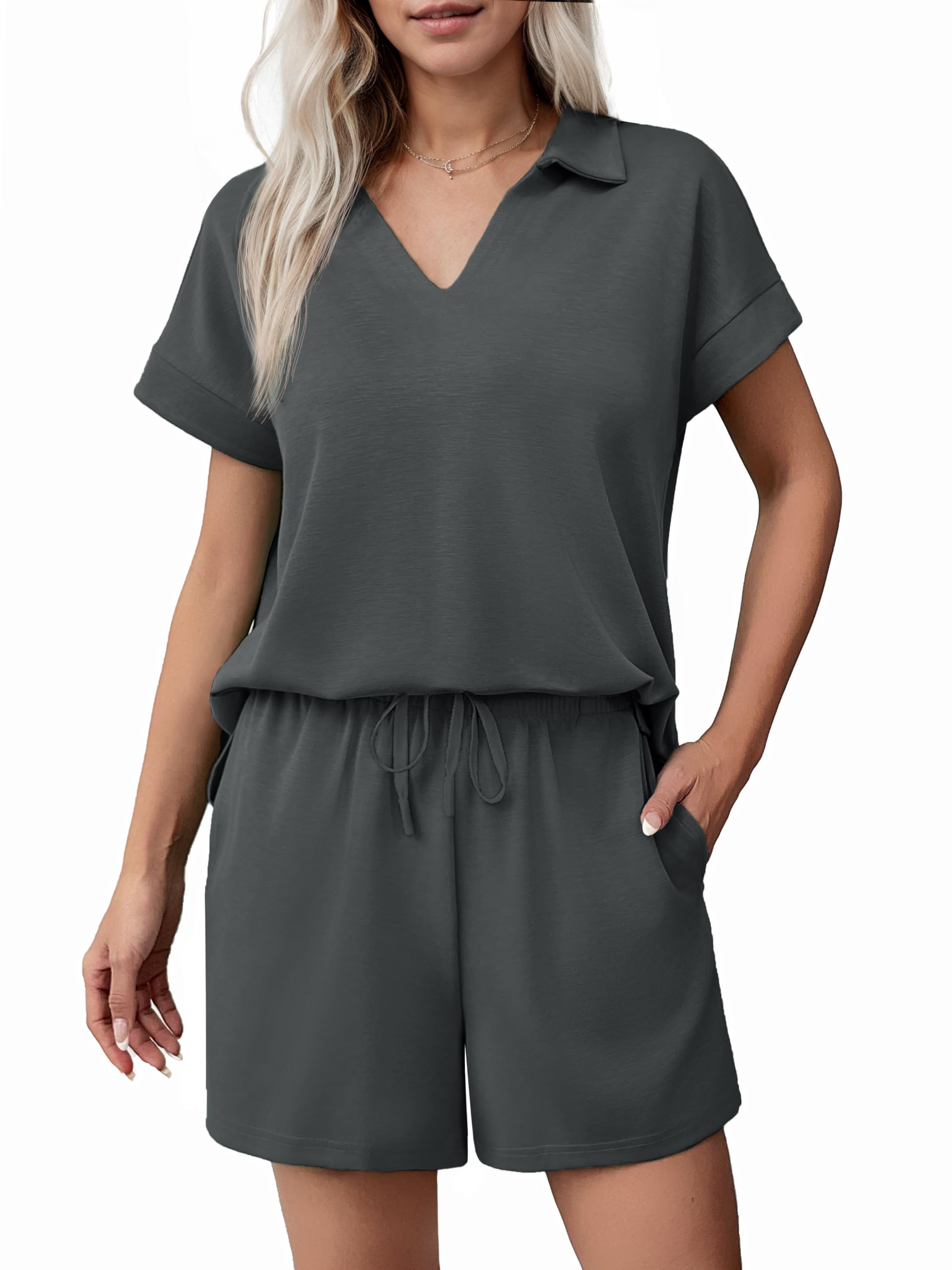 Women Summer Lounge Sets Short Sleeve Sweatshirt V-neck Tops and Drawstring Shorts Outfits Tracksuit (BUY 2 FREE SHIPPING!!!)