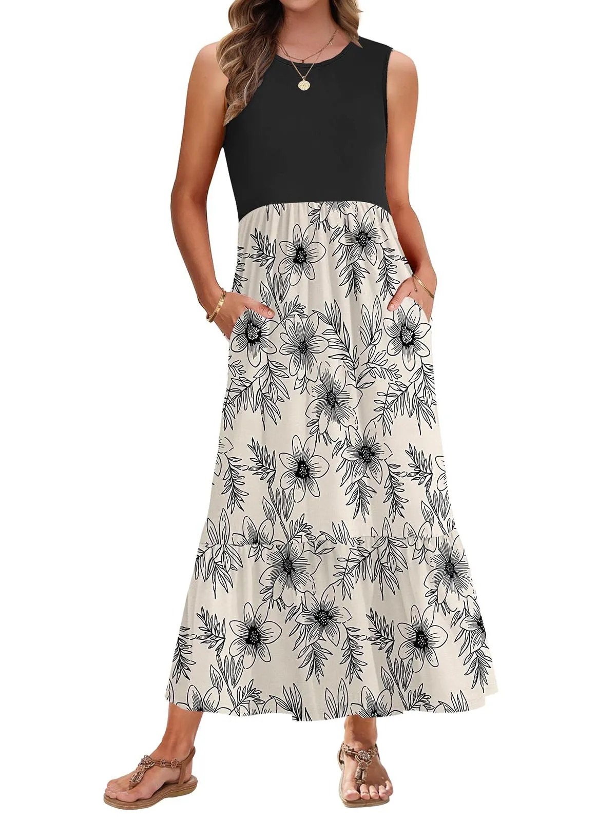 HOT SALE Women's Printed Casual Sleeveless Square Neck Printed Multi-Layer Pocket Dress