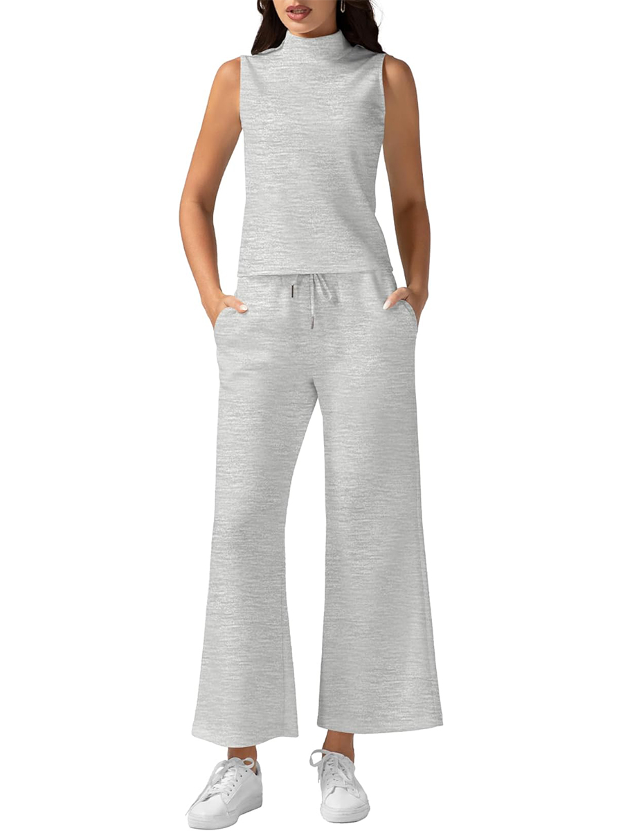 Women's Mock Neck Sleeveless Tank Top & Wide Leg Pants 2 Piece Lounge Sets
