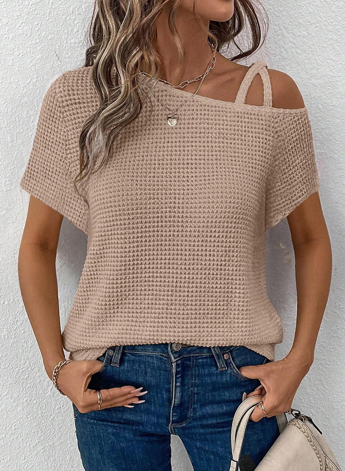 Women's Summer Off-Shoulder Waffle Knit Short Sleeve Top (Buy 2 Free Shipping!!!)