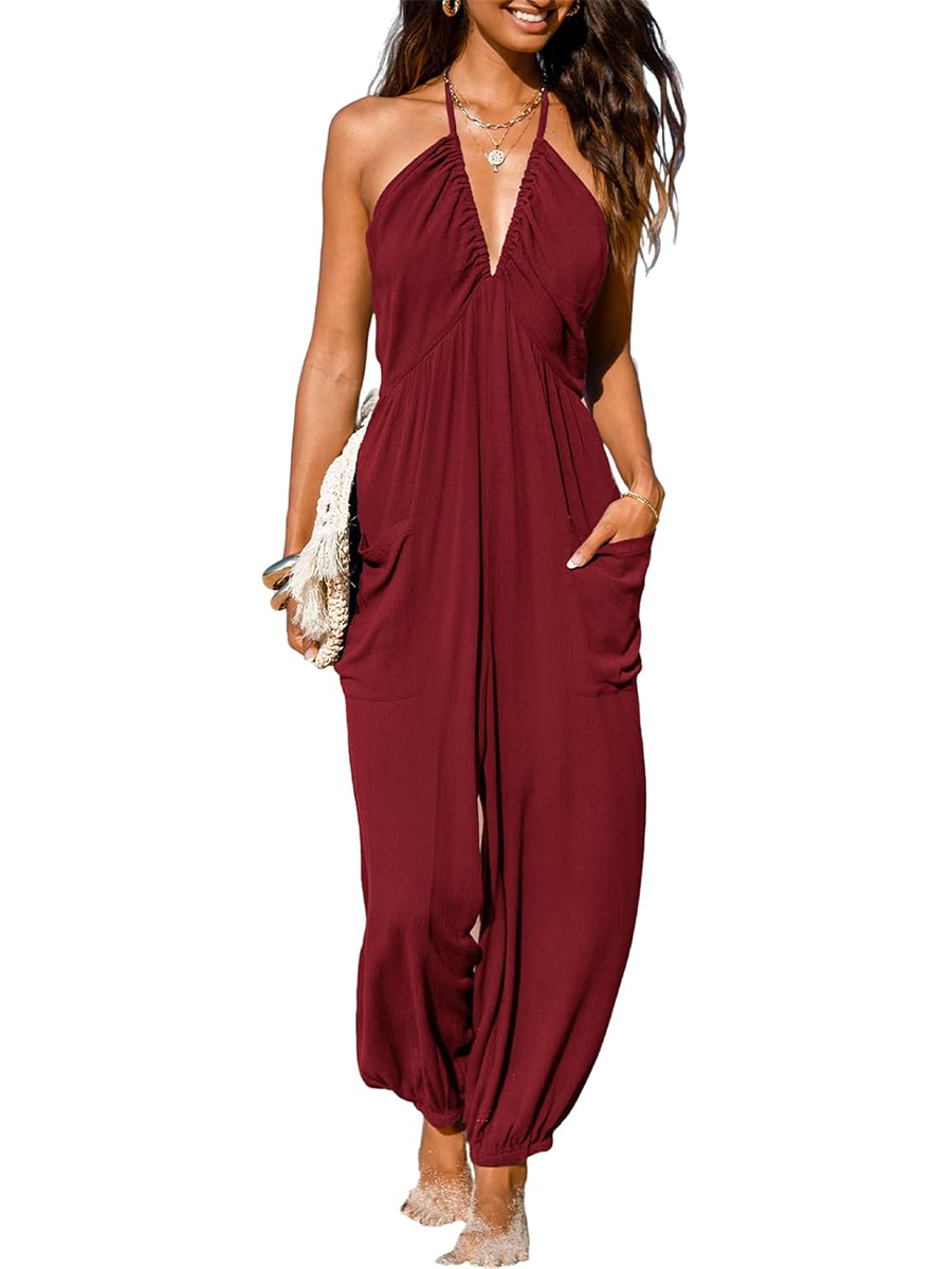 Women's Plunge Halter Sleeveless Pleated Jogger Long Jumpsuit with Pockets