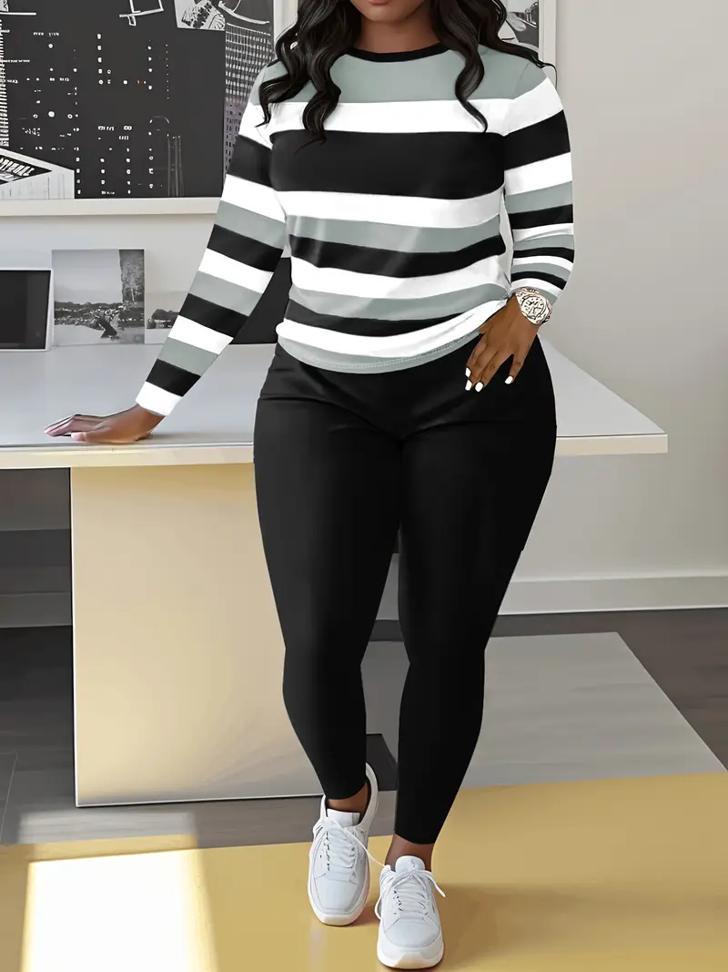 Women's Casual Striped Crew Neck Sweater & Solid Color Pants Set