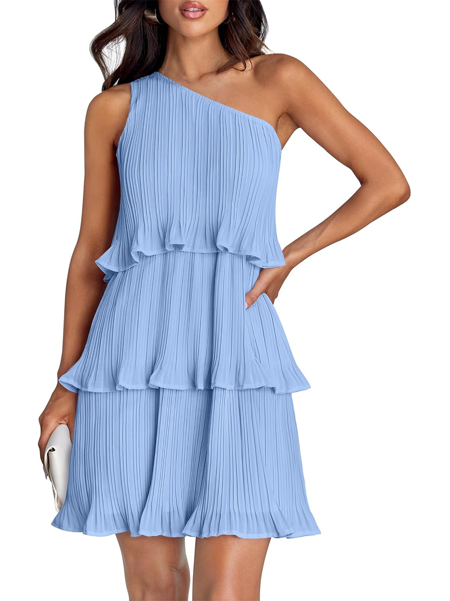 Women's Summer One Shoulder Ruffle Tiered Layered Chiffon Flowy A Line Dress