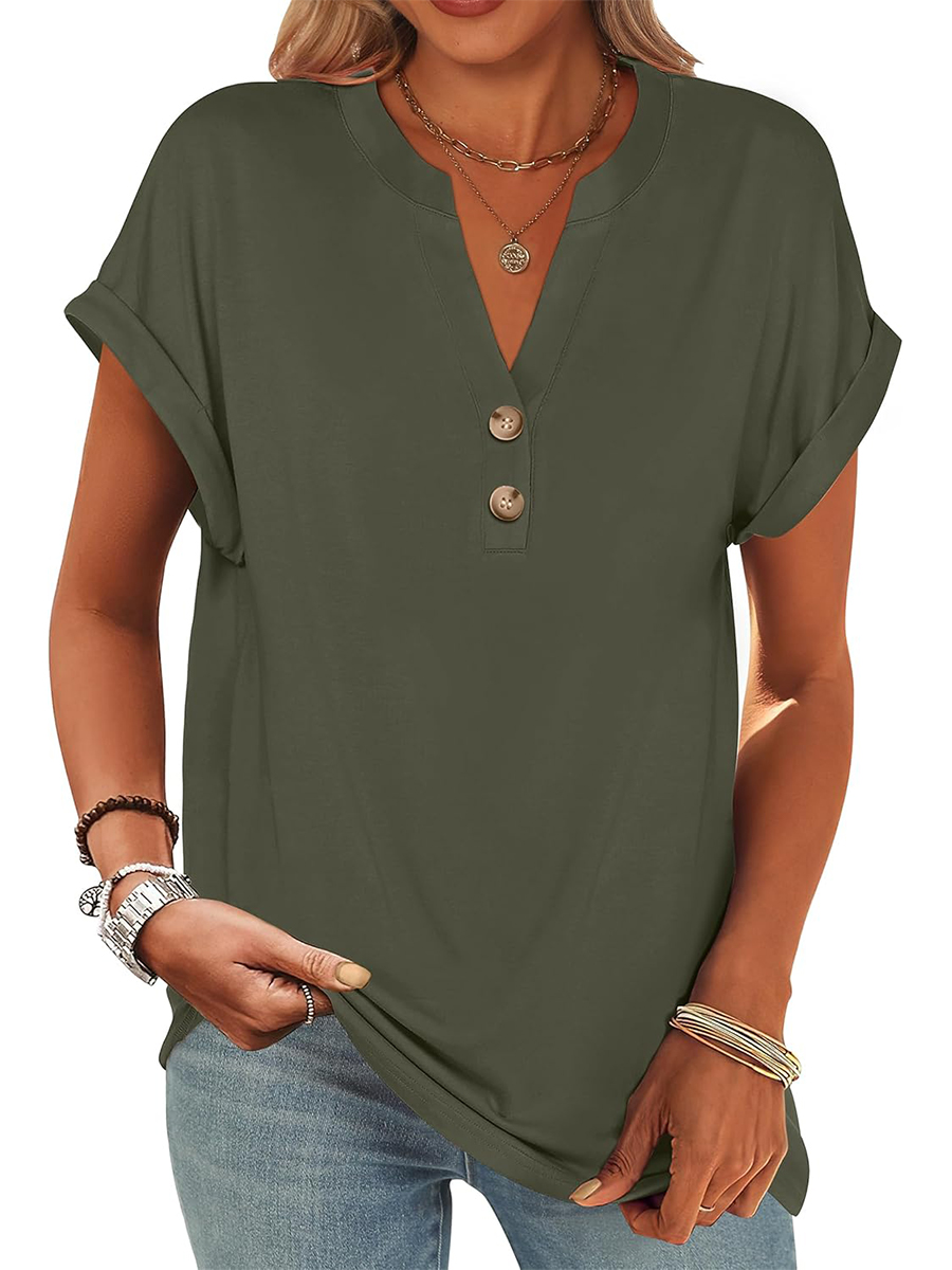 Women's V Neck Button Casual Loose Fit Short Sleeve Shirts Henley Tops
