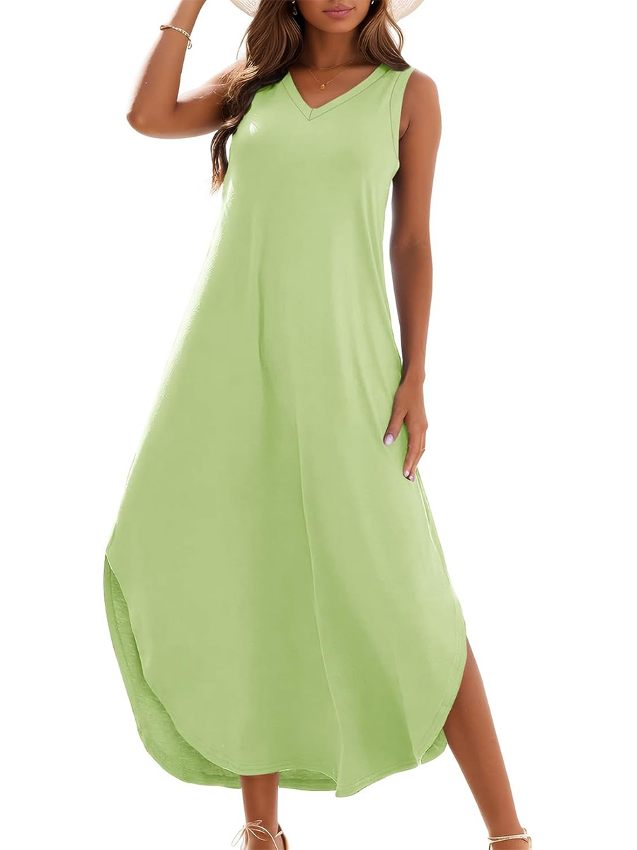 Women's Summer Casual Loose Sleeveless V Neck Split Tank Long Dress with Pockets