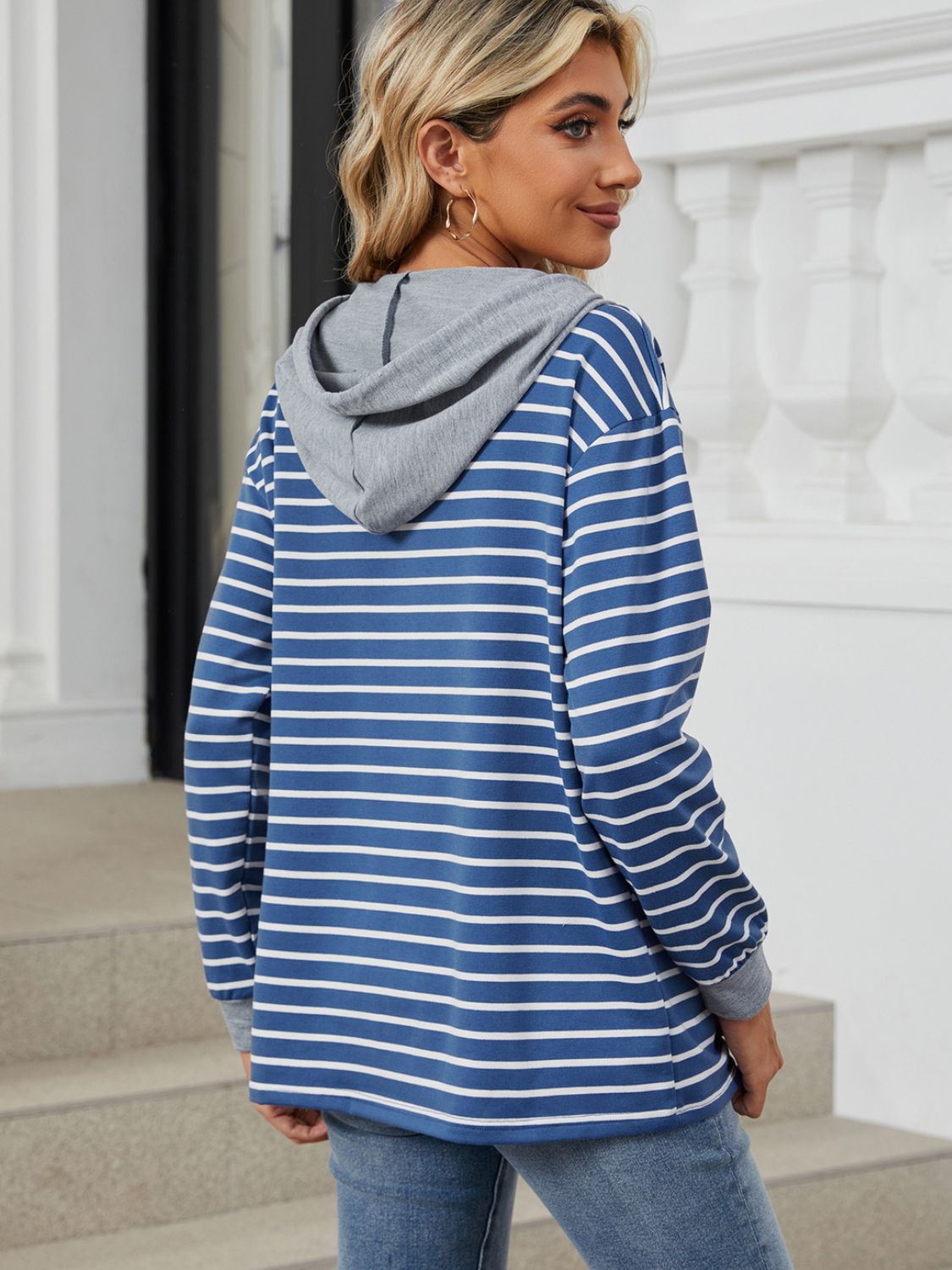 Womens Striped Hoodies Jumper Drawstring Tops
