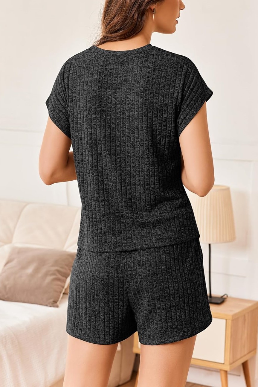Womens Ribbed Short Cap Sleeve Top and Shorts Lounge Set