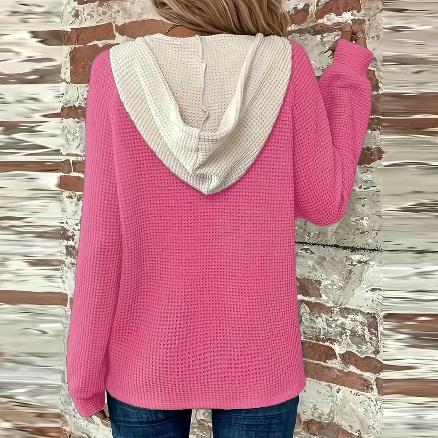 Women's Waffle Knit Drawstring Button Long Sleeve Hoodie