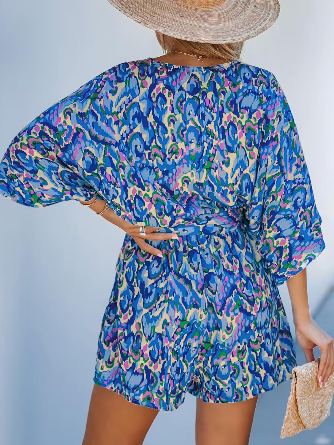 Women's Lace Up Leopard Print Romper Short Sleeves Jumpsuits