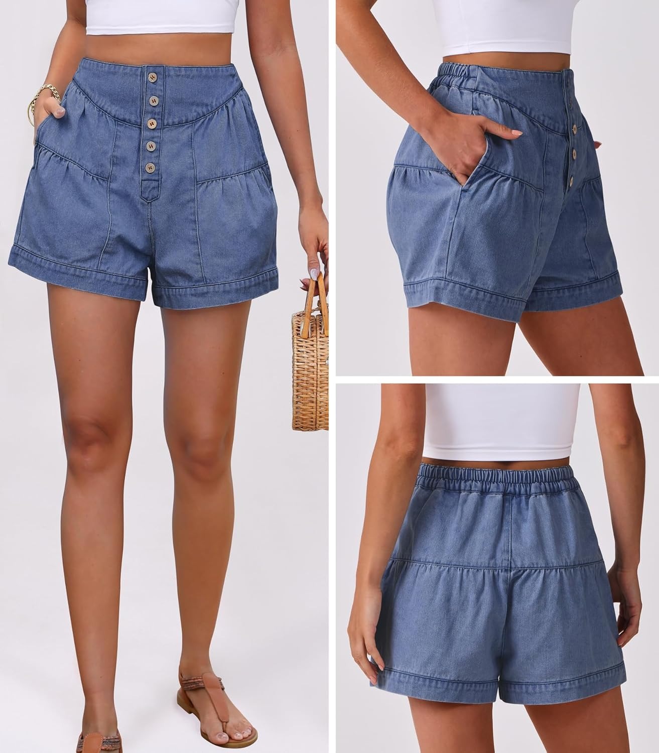Women's Summer Baggy Flowy Wide Leg Buttons Pleated Denim Shorts