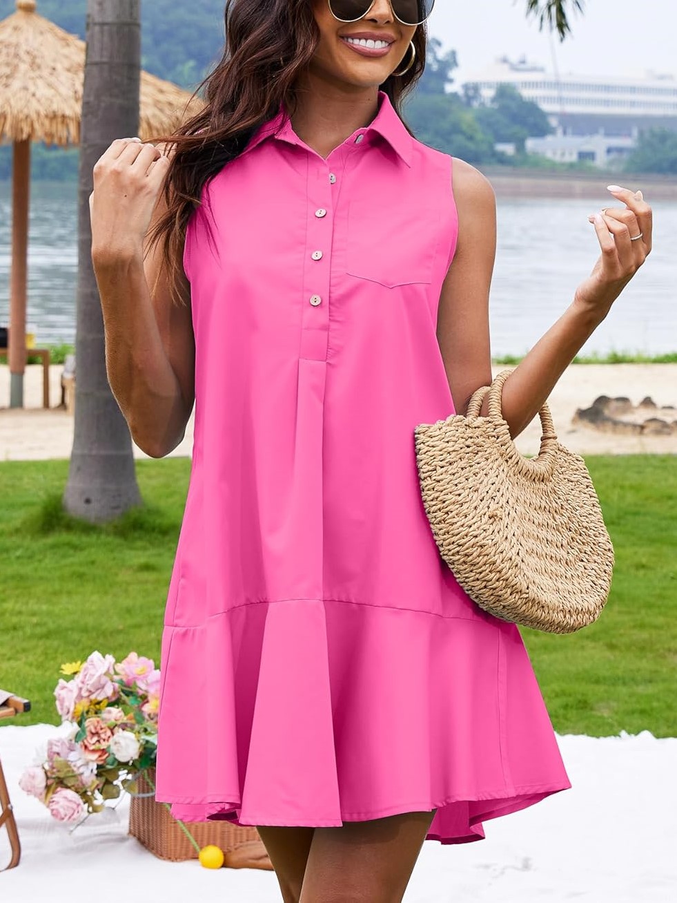 Women's Sleeveless Button Shirt Dress with Pockets