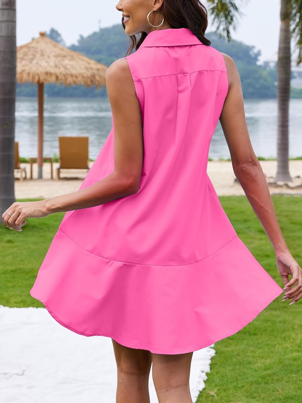 Women's Sleeveless Button Shirt Dress with Pockets