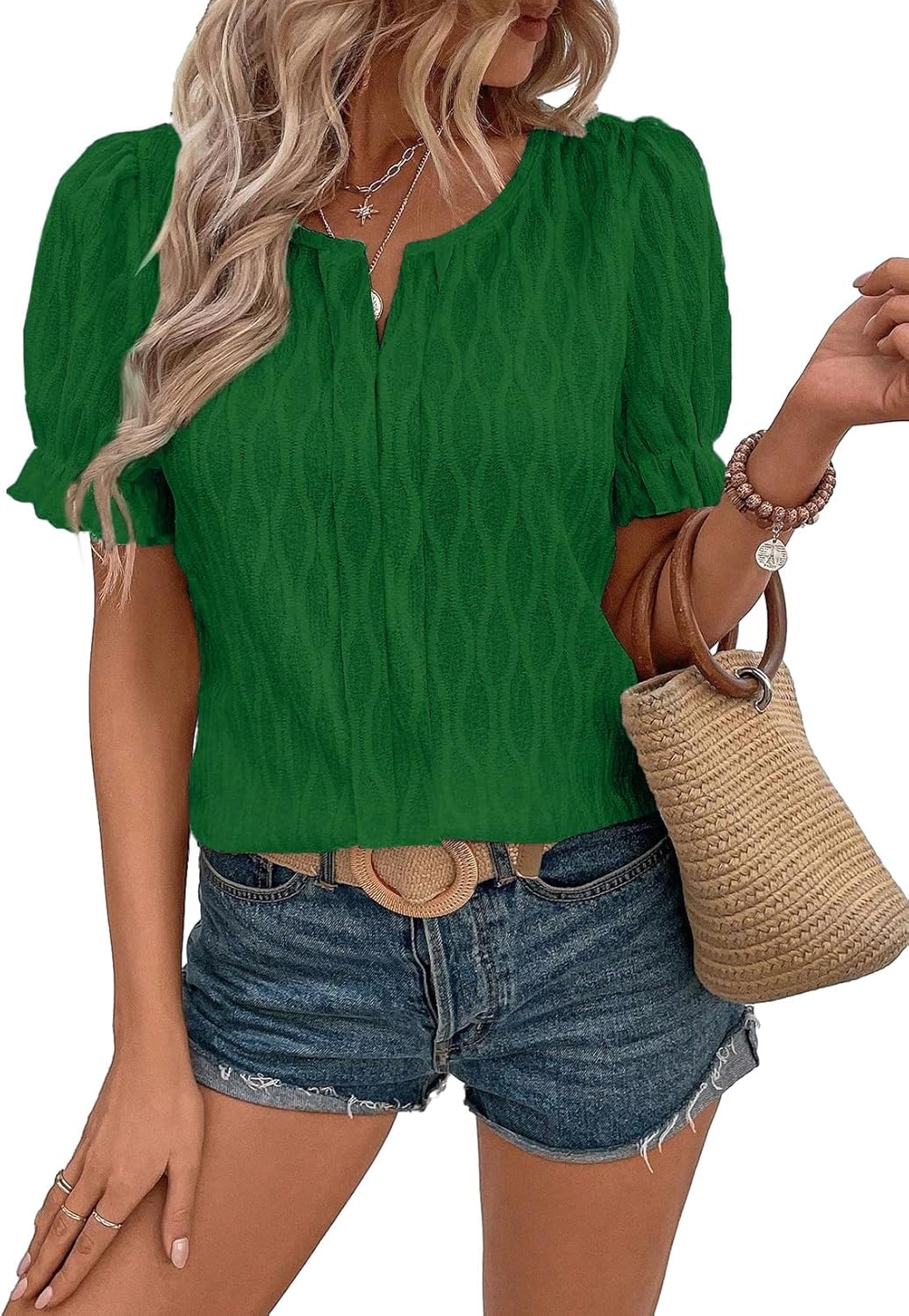 Women Dressy Casual Spring Summer V Neck Puff Sleeve Blouses