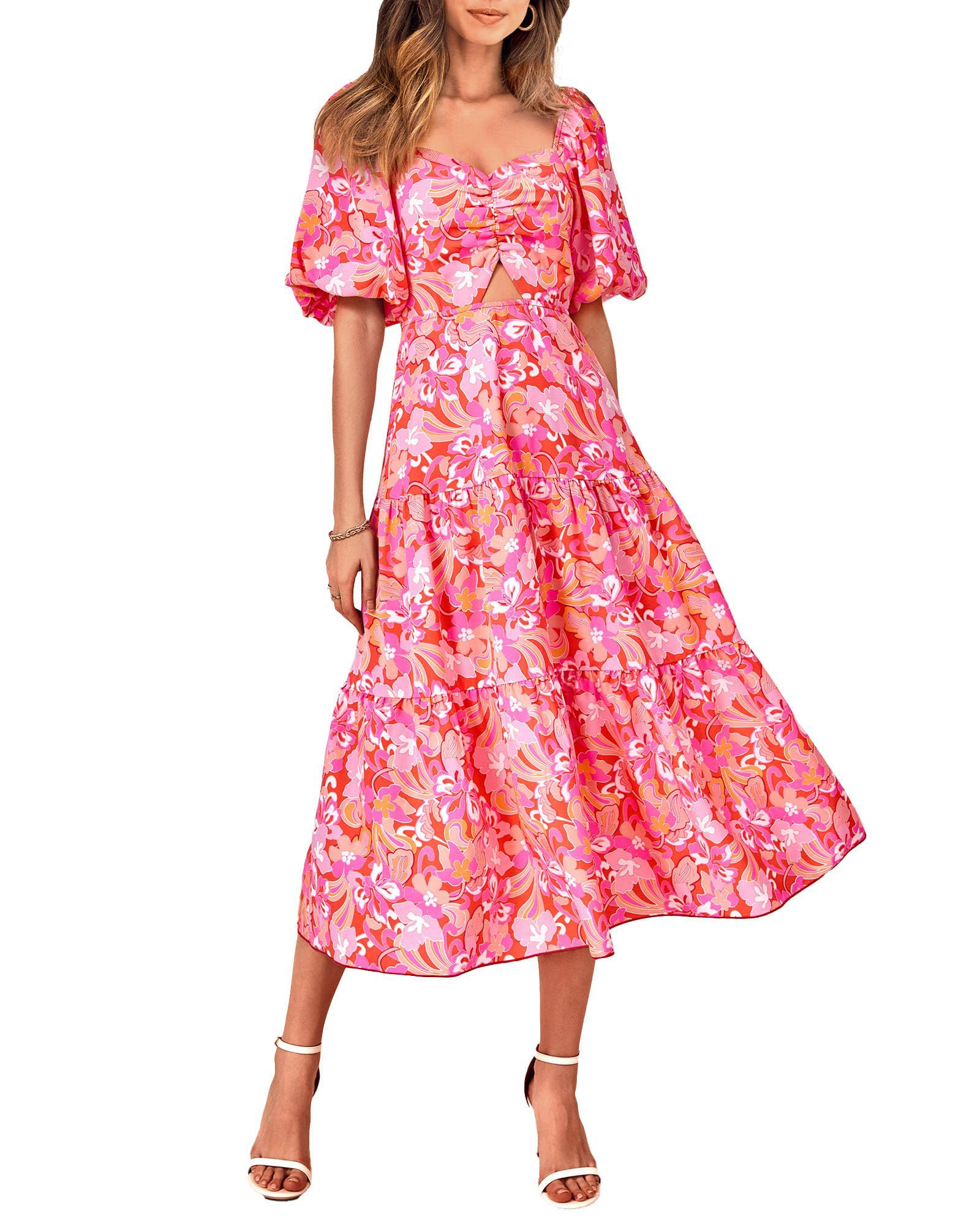 Women's Casual Flowy Square Neck Puff Short Sleeve Boho Floral Long Maxi Dress(BUY 2 FREE SHIPPING)
