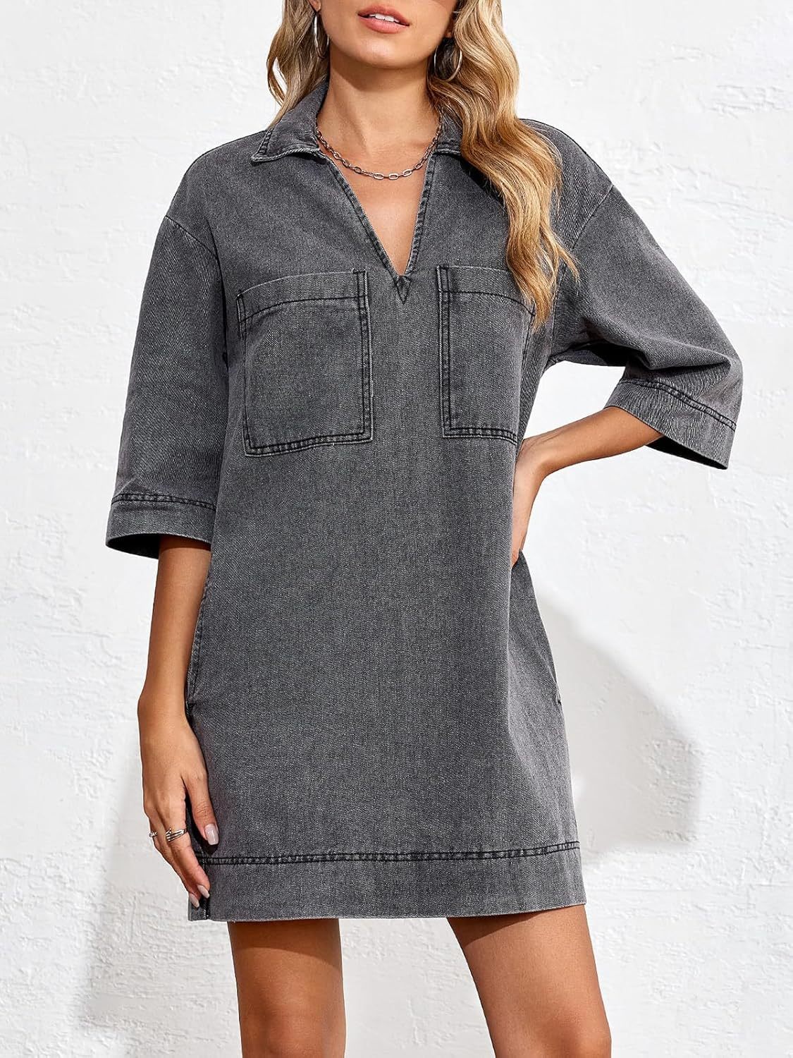 HOT SALE Deep V Neck Half Sleeve Straight Denim Dress with Pockets