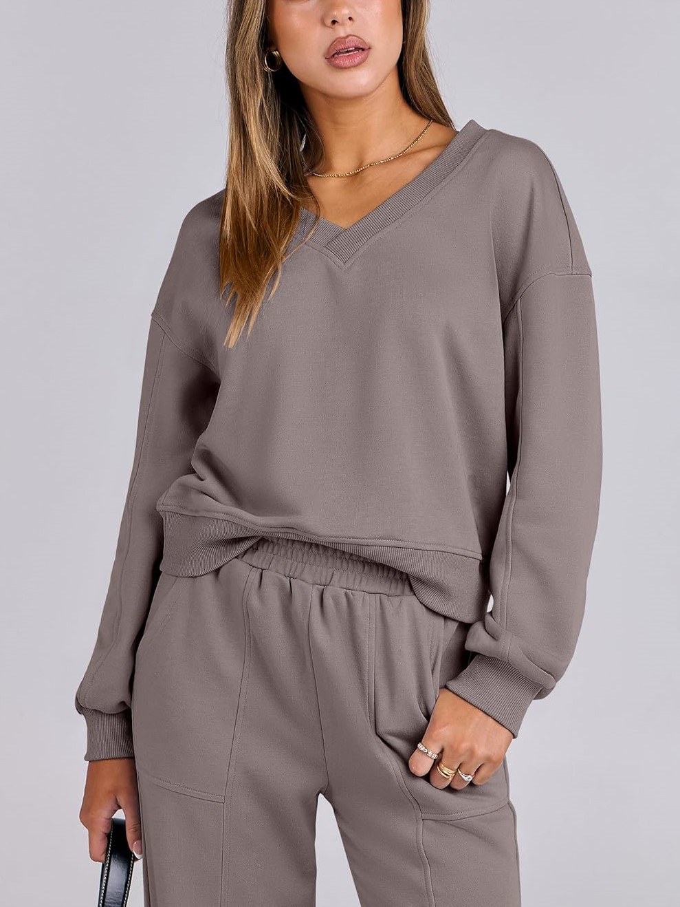 Women's V Neck Sweatshirts Wide Leg Jogger Sweatpants Lounge Sets