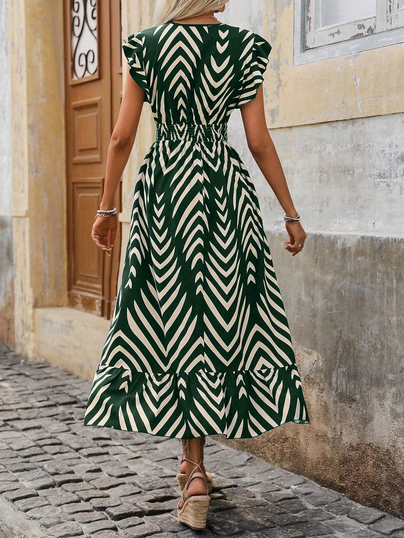 Women's Spring Summer Fashion Floral V Neck Ruffle Waist Slim Boho Dress
