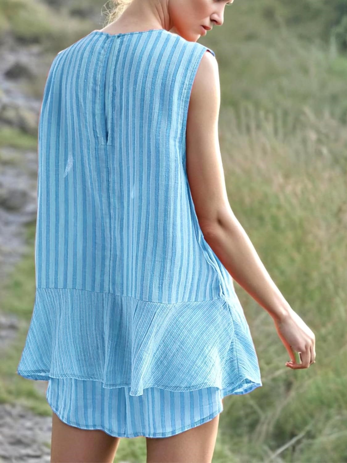 Women's Striped Sleeveless Tops Lounge Shorts Matching Set with Pockets