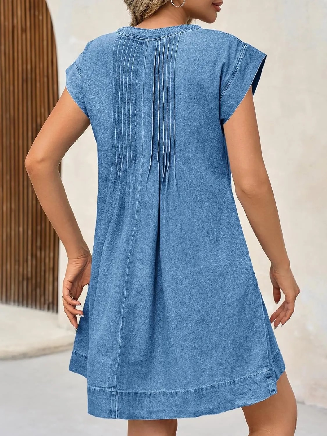HOT SALE Women's V-neck Pleated Denim Dress With Pockets (Buy 2 Free Shipping)