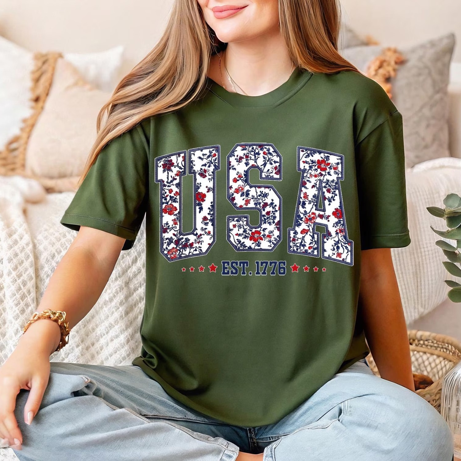 Women's Patriotic Floral USA Graphic Tee, Independence Day Shirt