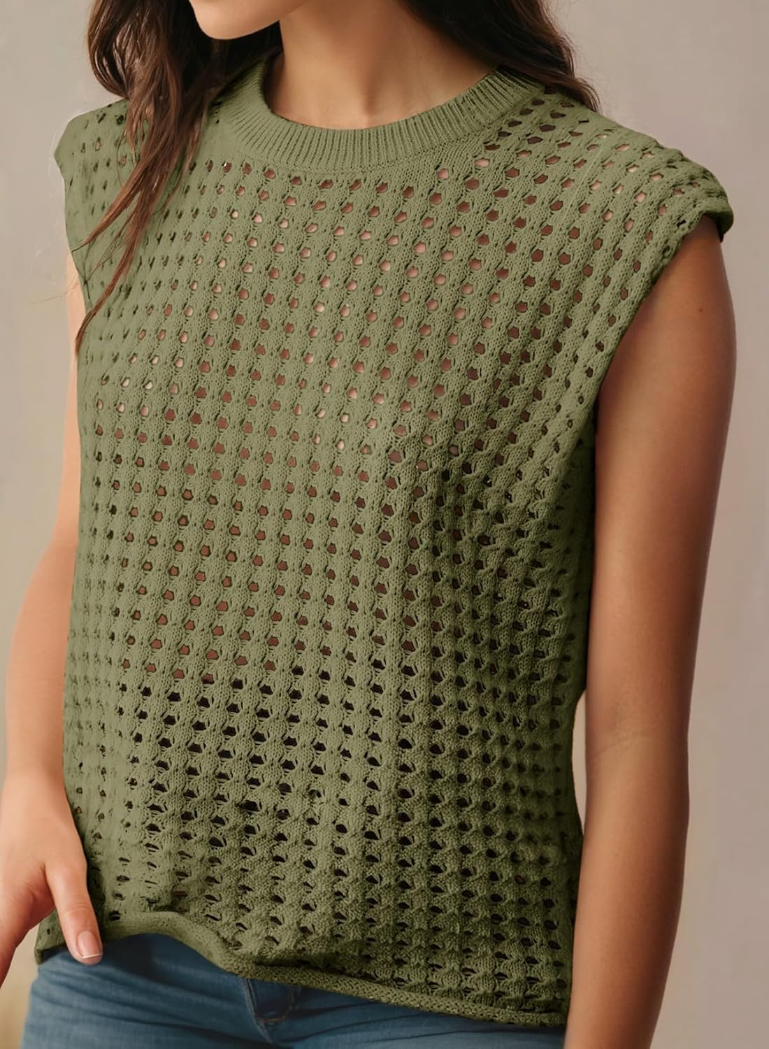 Women's Crewneck Sleeveles Loose Crochet Hollow Vest Top Cover Ups