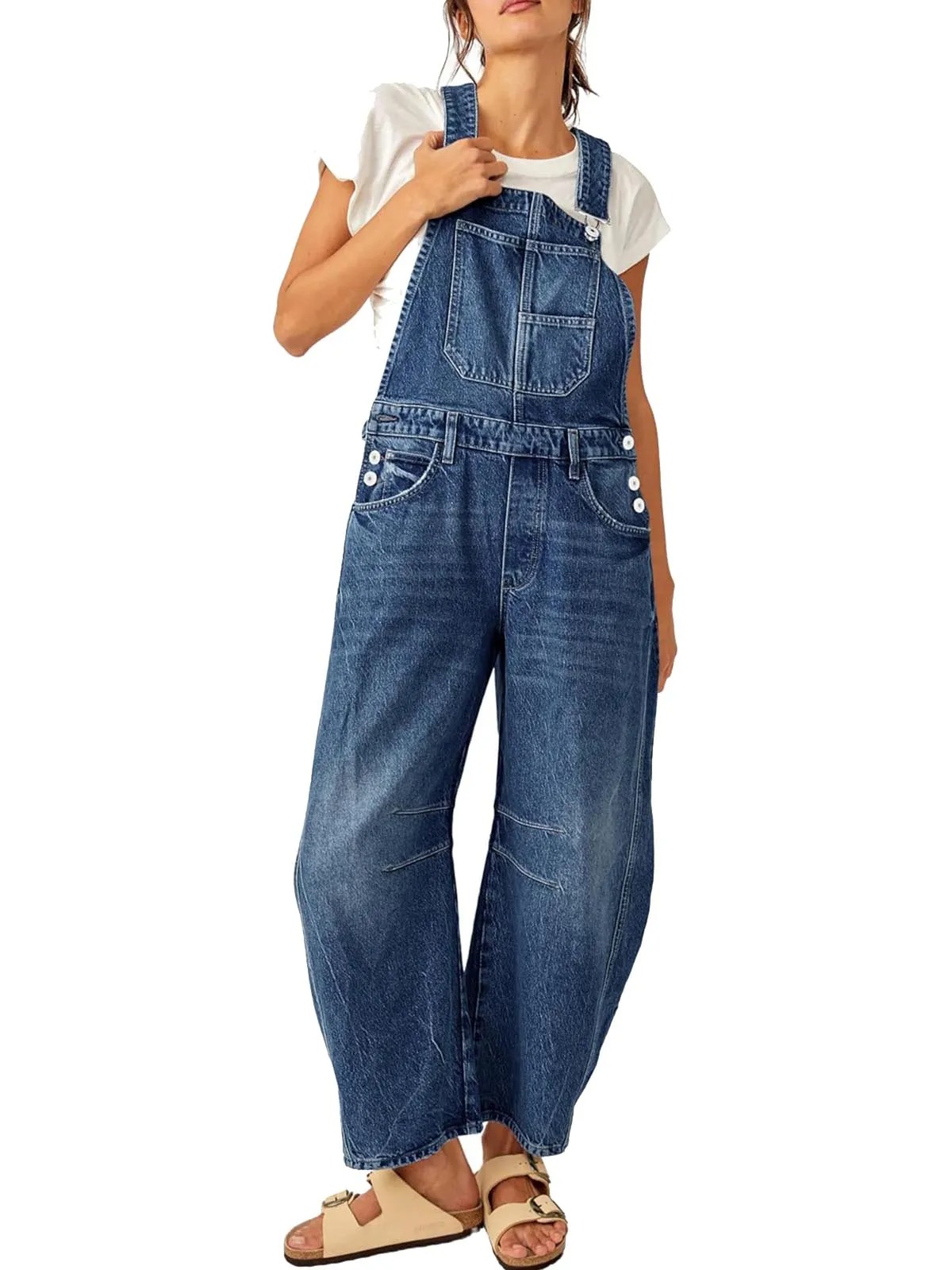 HOT SALE Women's Denim Bib Overalls Barrel Leg Adjustable Strap