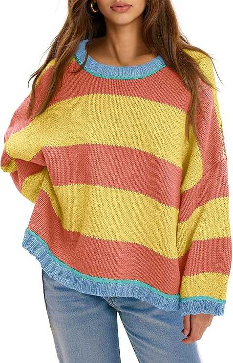 Womens Oversized Striped Color Block Crewneck Sweater