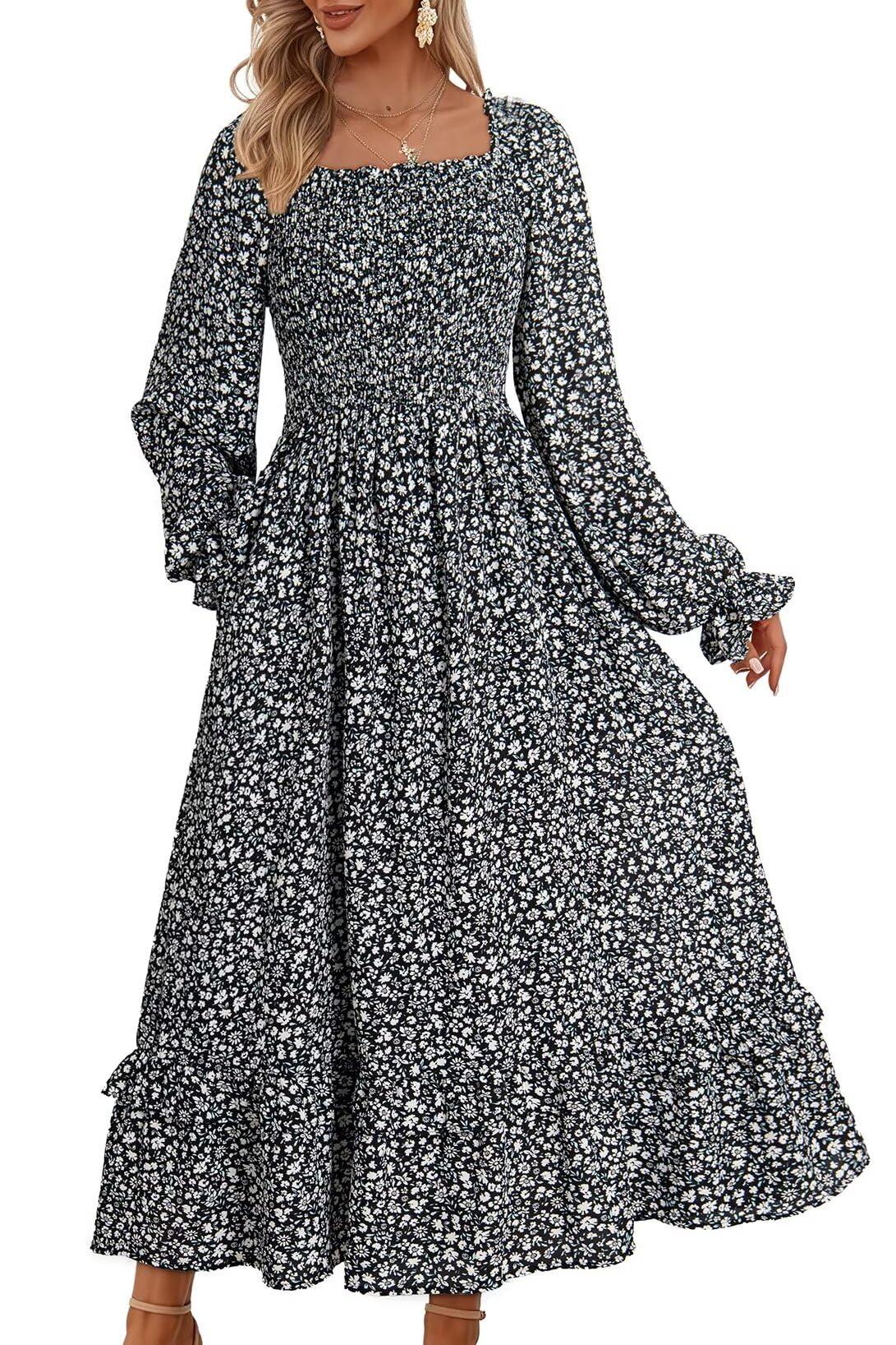 Fall Dresses Casual Floral Square Neck Long Sleeve Dress(Buy 2 Free Shipping)