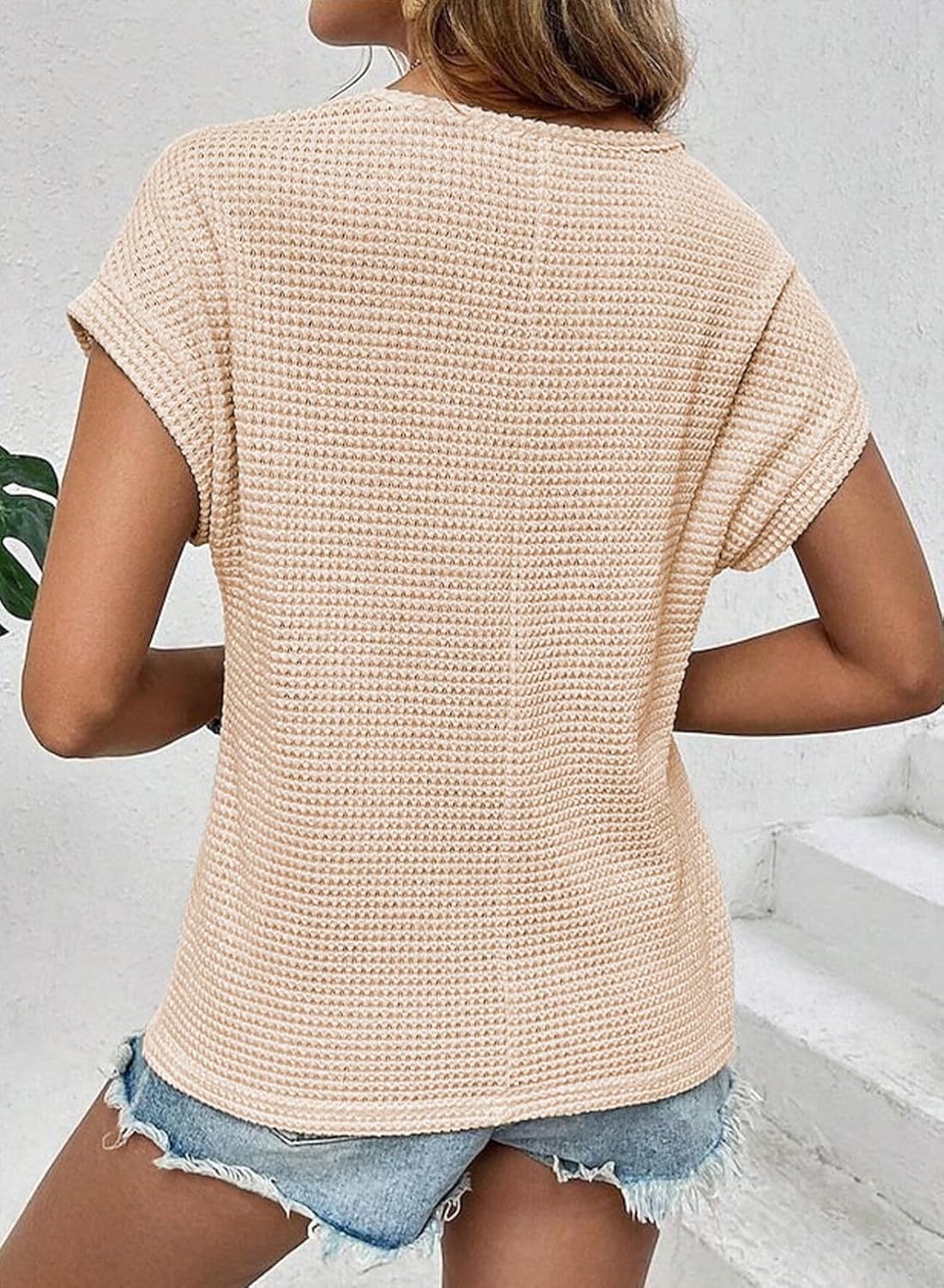 HOT SALE Women's Casual Waffle Knit Hollow Out Short Sleeve Shirts