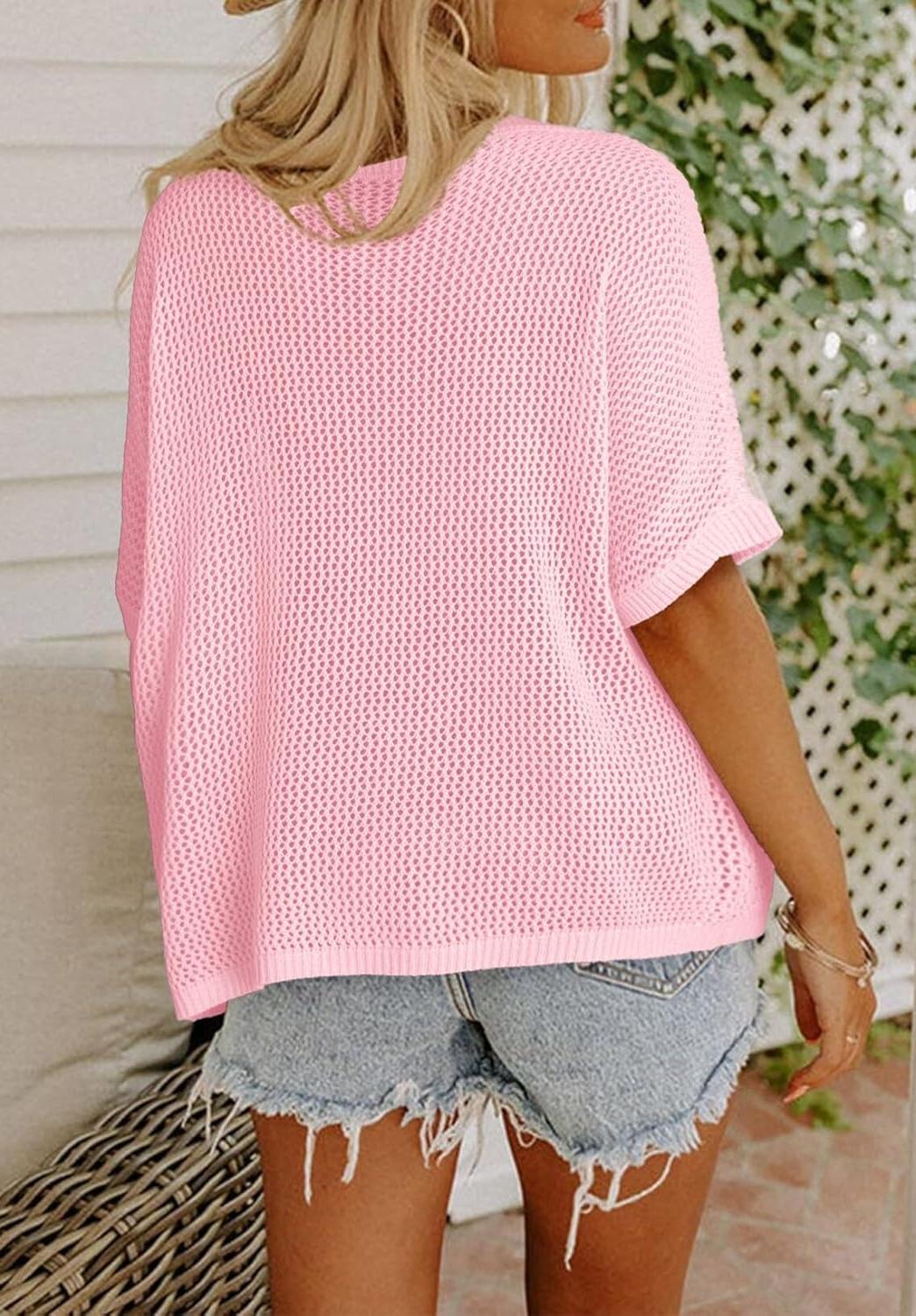 Womens Floral Cute Tops Short Sleeve Crochet Cover Ups Lightweight Pullover(BUY 2 FREE SHIPPING)