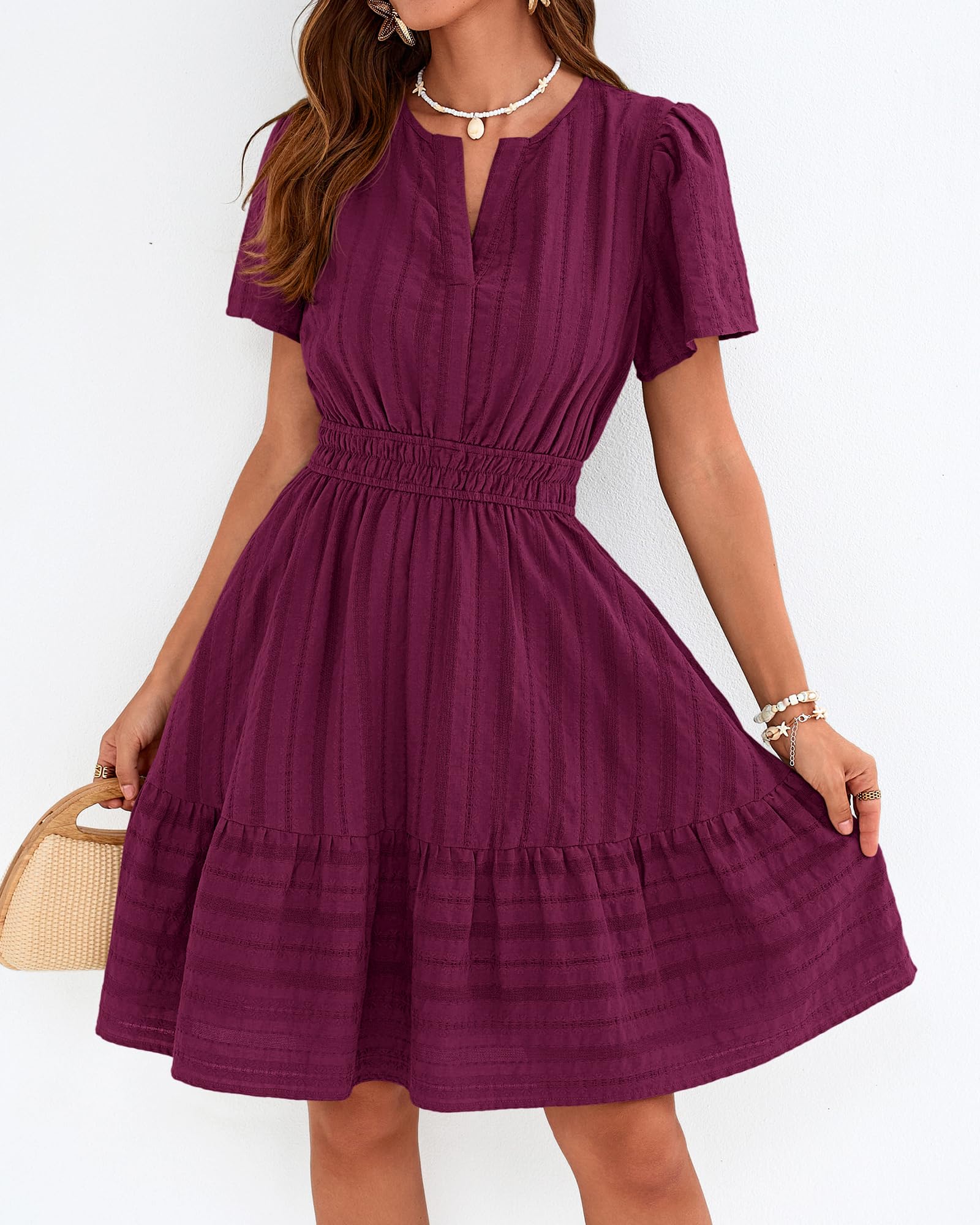 Women's Lightweight Short Sleeve V Neck Elastic Waist Mini Dress 