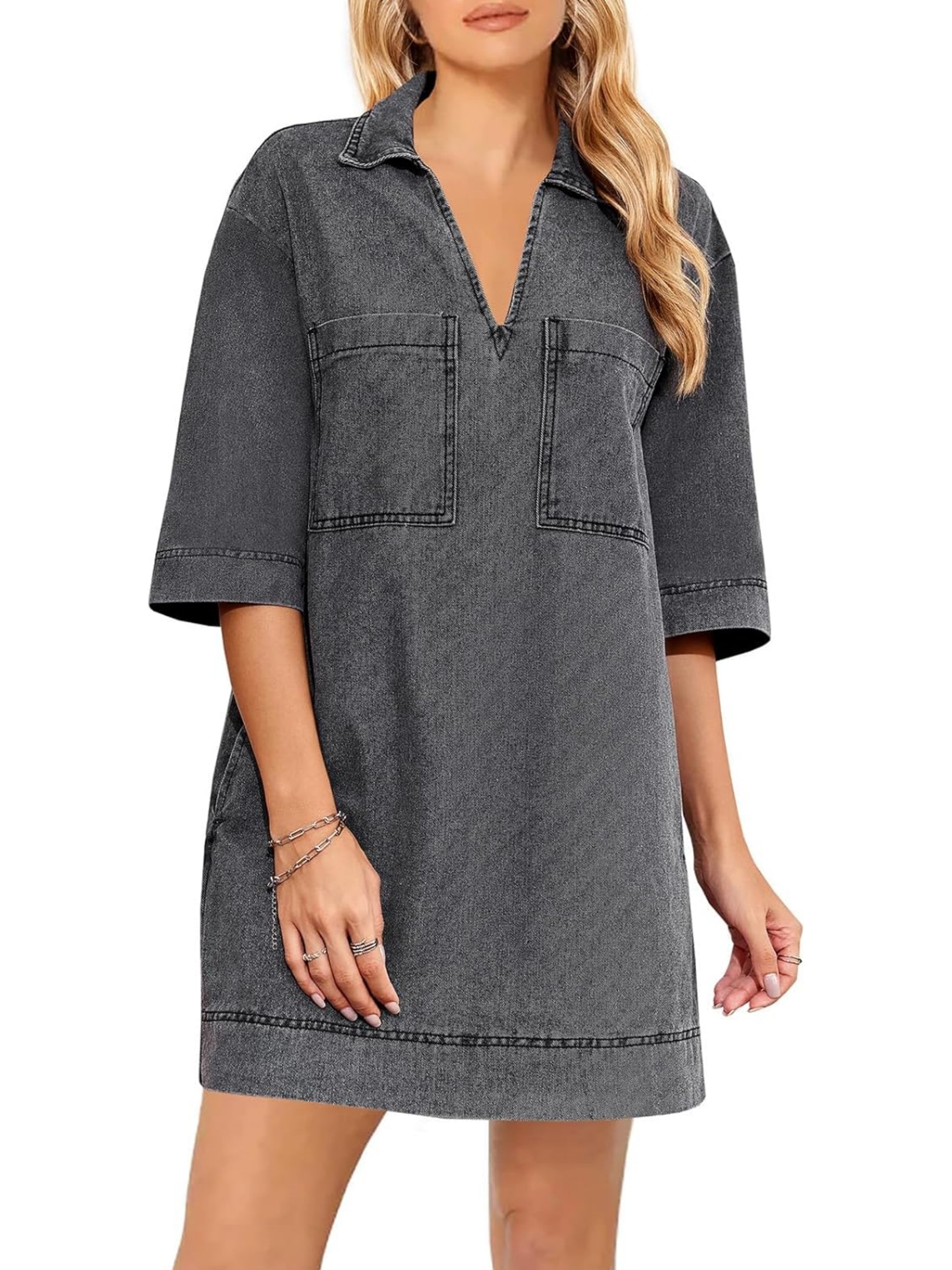 HOT SALE Deep V Neck Half Sleeve Straight Denim Dress with Pockets