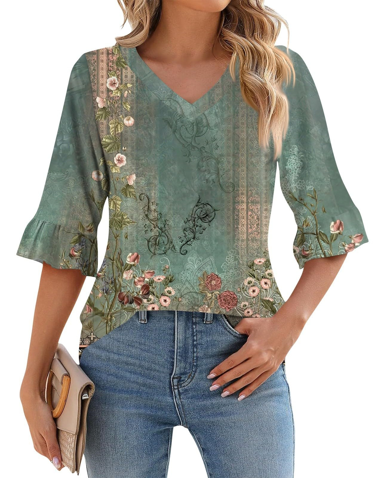 Women's 3/4 Sleeve Ruffle V Neck Floral Print Top（Buy 2 Free Shipping）