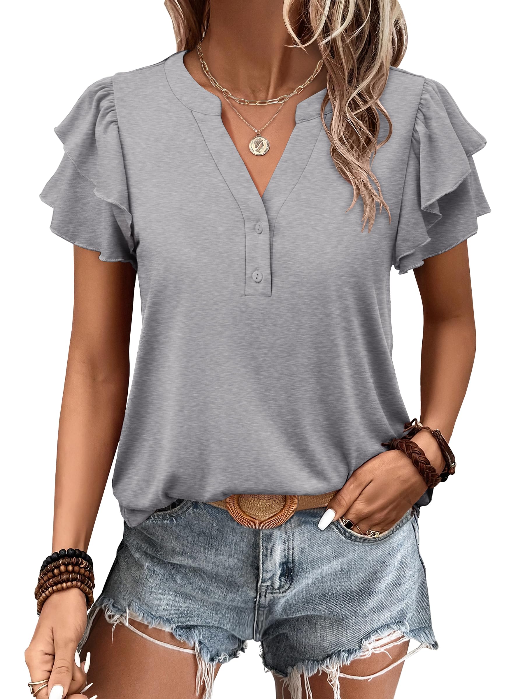 Womens Casual Ruffle Short Sleeve V Neck  Top Blouses