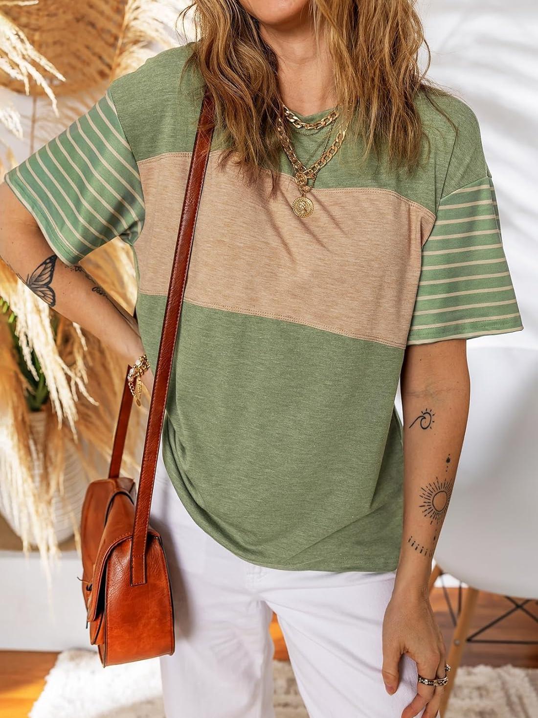 Womens Oversized Crewneck Casual Color Block Striped Shirts Blouses