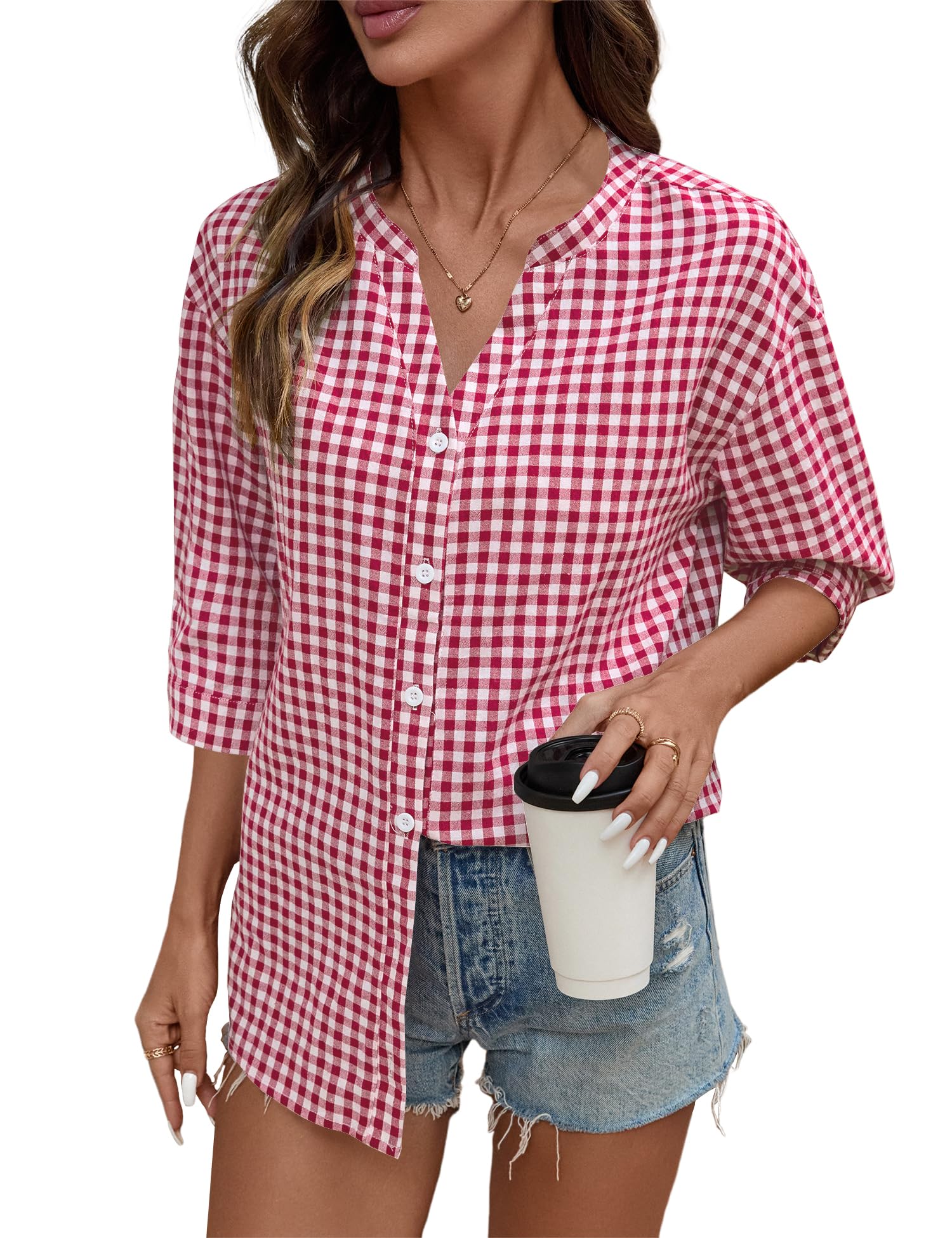 Women's Cotton 3/4 Sleeve Button Down Gingham Shirts