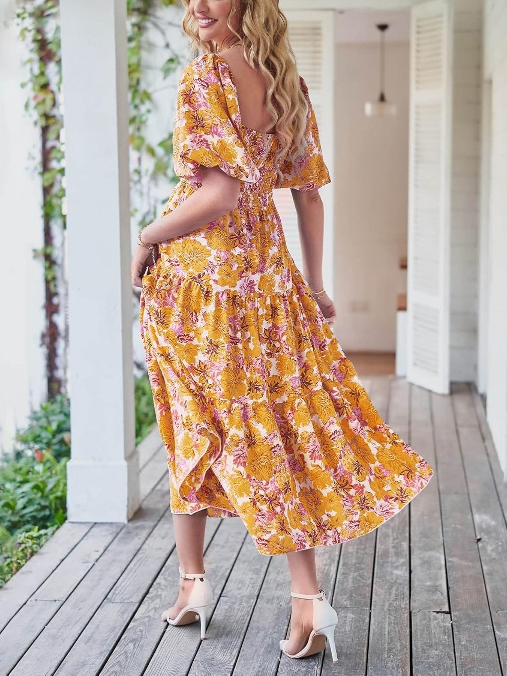 Women's Boho Floral Square Neck Puff Sleeve Cutout Long Maxi Dress