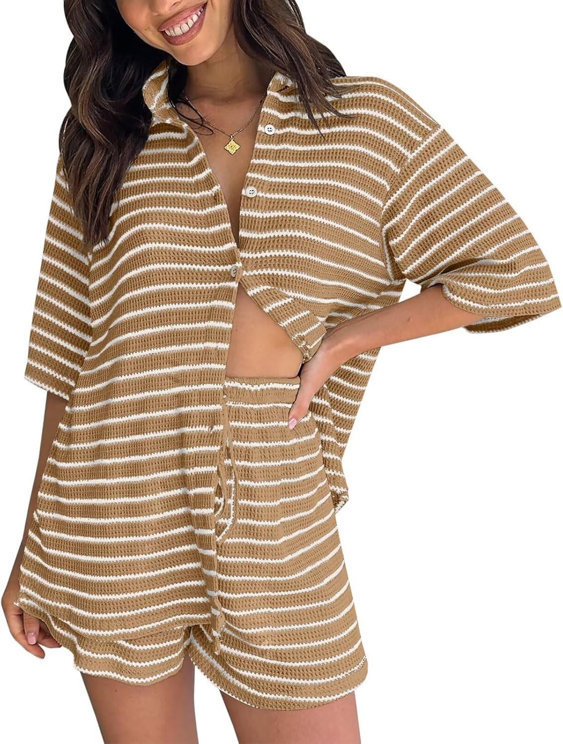 Womens Striped Knit V Neck Button Down Lounge Sets