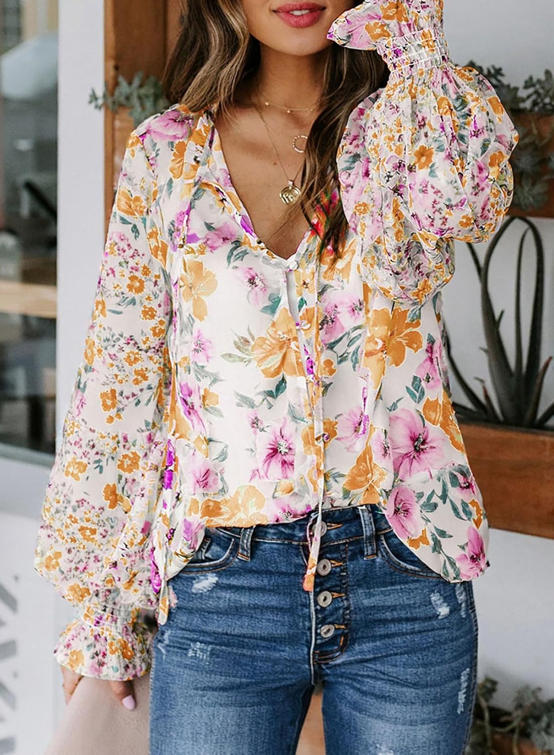 Women's Boho Floral Print V Neck Long Sleeve Drawstring Button Blouses