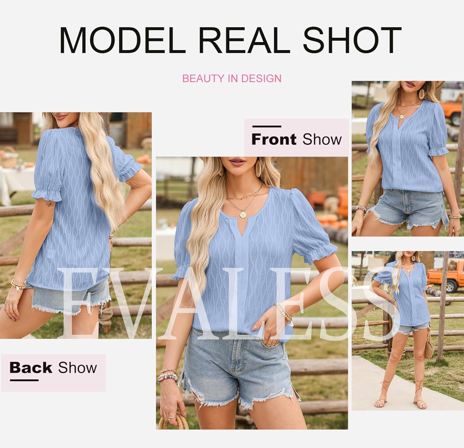 Women Dressy Casual Spring Summer V Neck Puff Sleeve Blouses