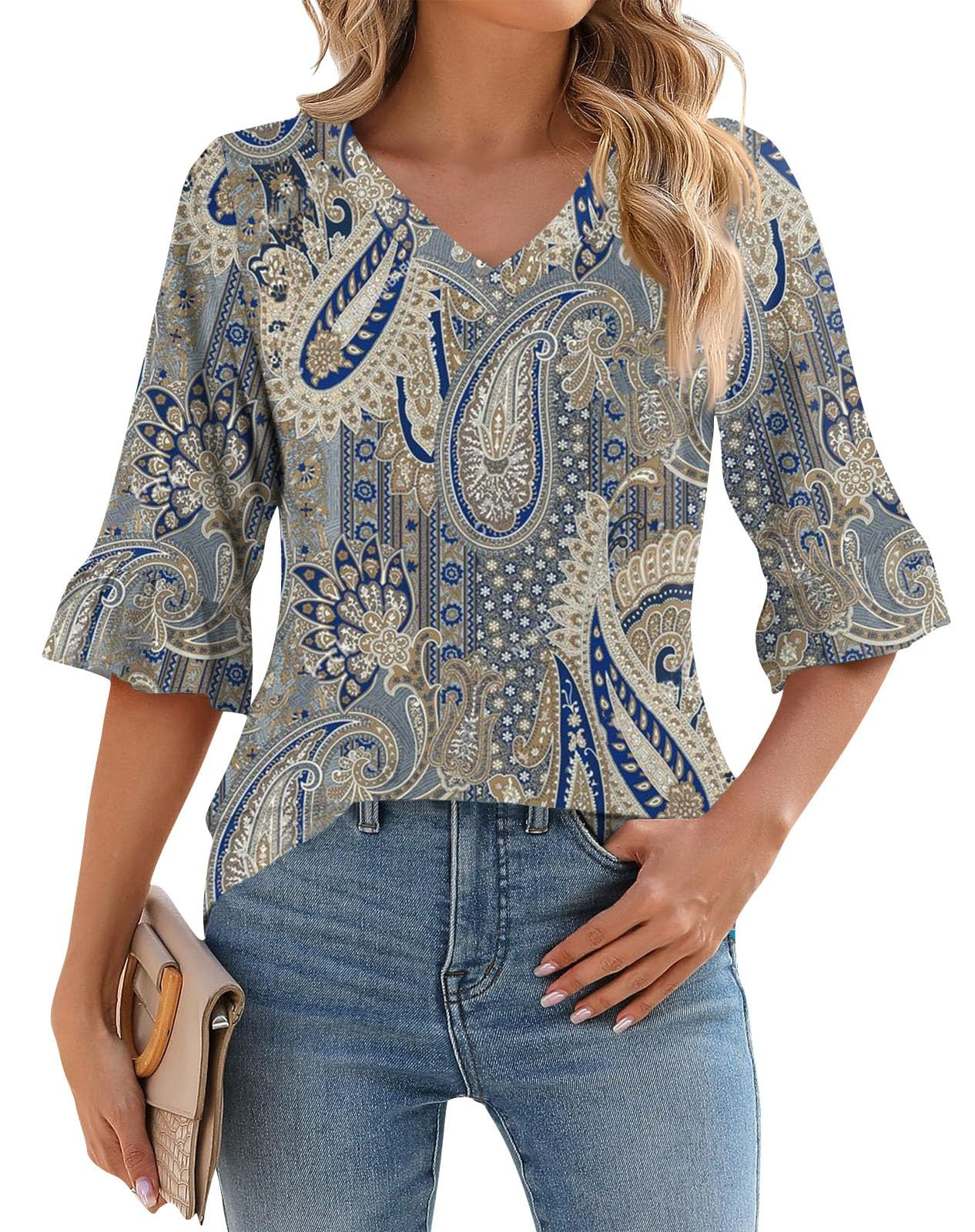 Women's 3/4 Sleeve Ruffle V Neck Floral Print Top（Buy 2 Free Shipping）